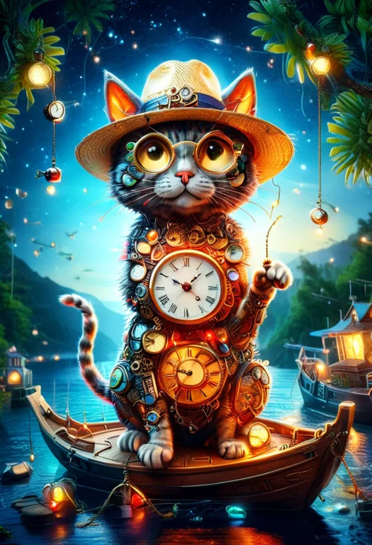 Clock, A Cat Made Of Clock Wearing Sunglasses And A Straw Ha...