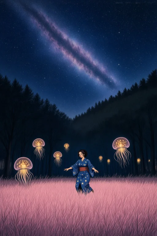 A Nighttime Meadow With Floating Lanterns Shaped Like Jellyf...