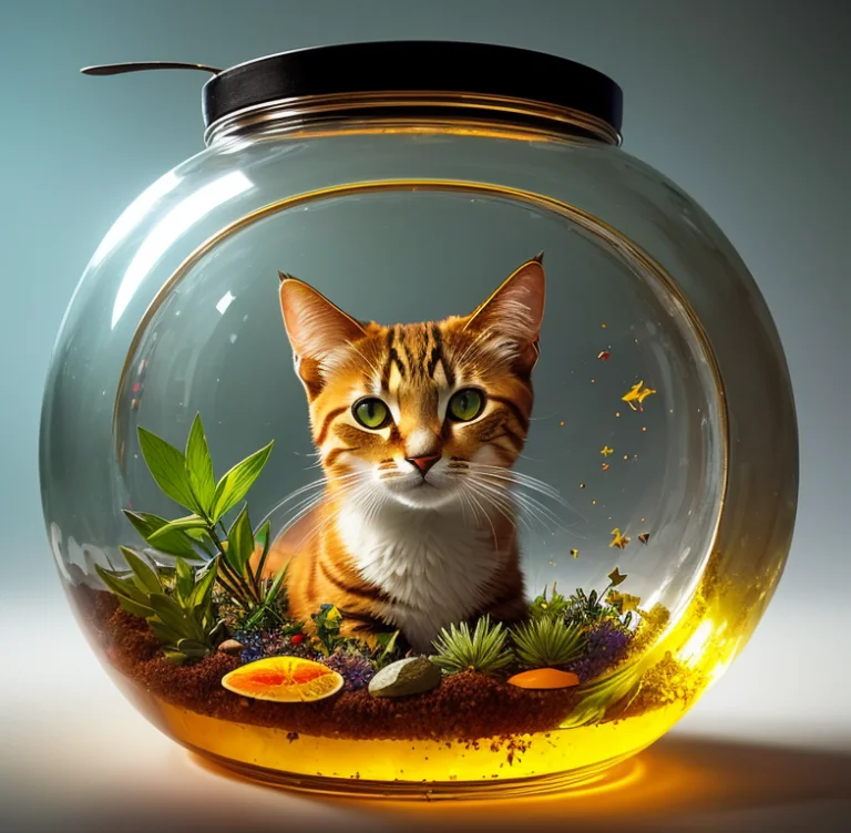 Photo Of 1cat Inside A Big Glass Jar Half Filled With A Yell...