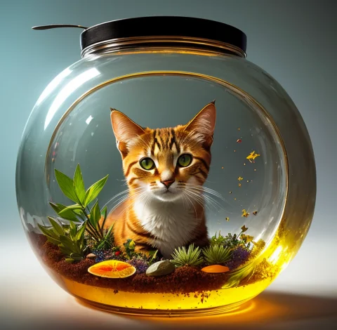 Photo Of 1cat Inside A Big Glass Jar Half Filled With A Yell... — Stable Diffusion AI Prompt: Photo of 1cat inside a big glass jar half filled with a yellow liquid, bubbles,...