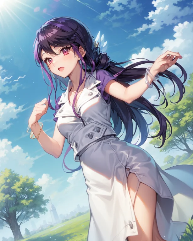 1girl, Ruri, Purple Hair, Bracelet, Long Hair, Outdoors, Par...