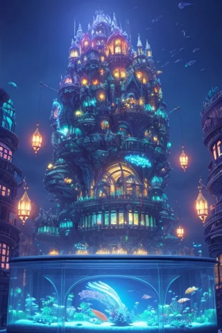 Fantasy Concept Art, A Transparent Building As A Huge Aquari... — Stable Diffusion AI Prompt: fantasy concept art, a transparent building as a huge aquarium containing fish a...
