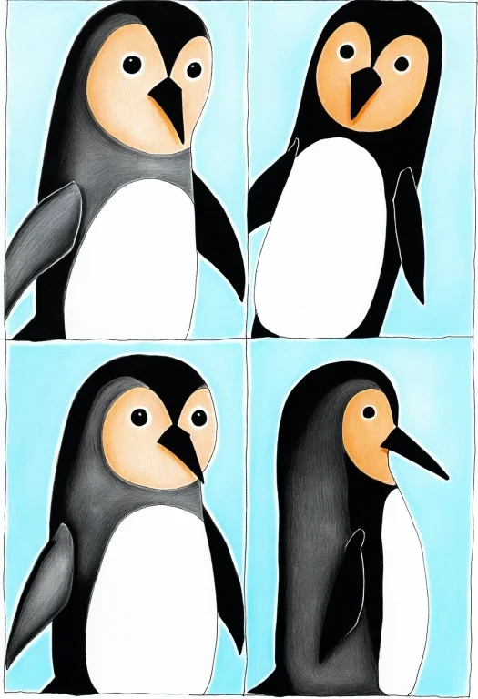 1girl, Penguin Costume, 4koma, Black Theme, Aqua Theme, Oran...