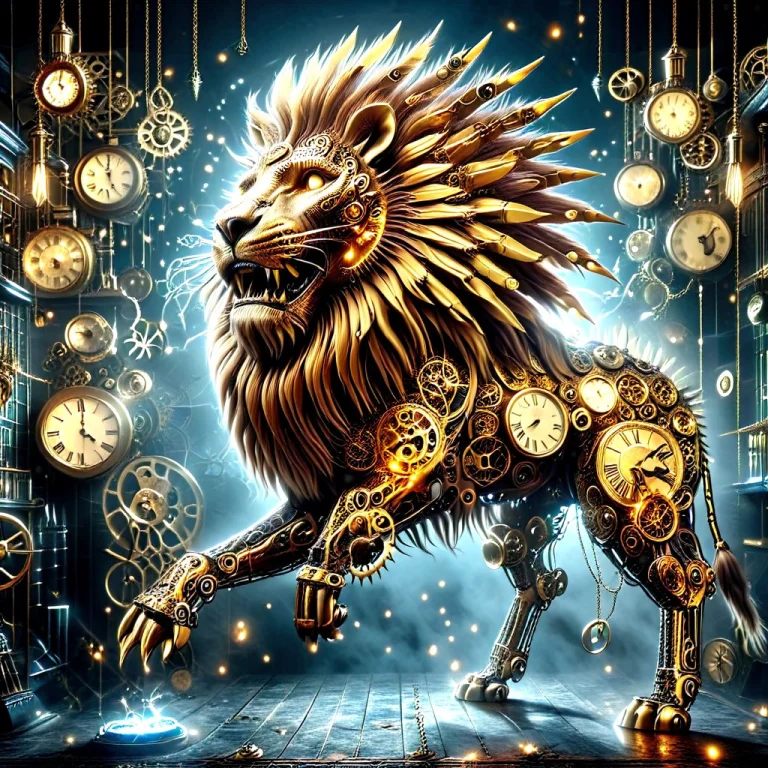 A Roaring Lion Crafted From Golden Brass Cogs And Metallic G...