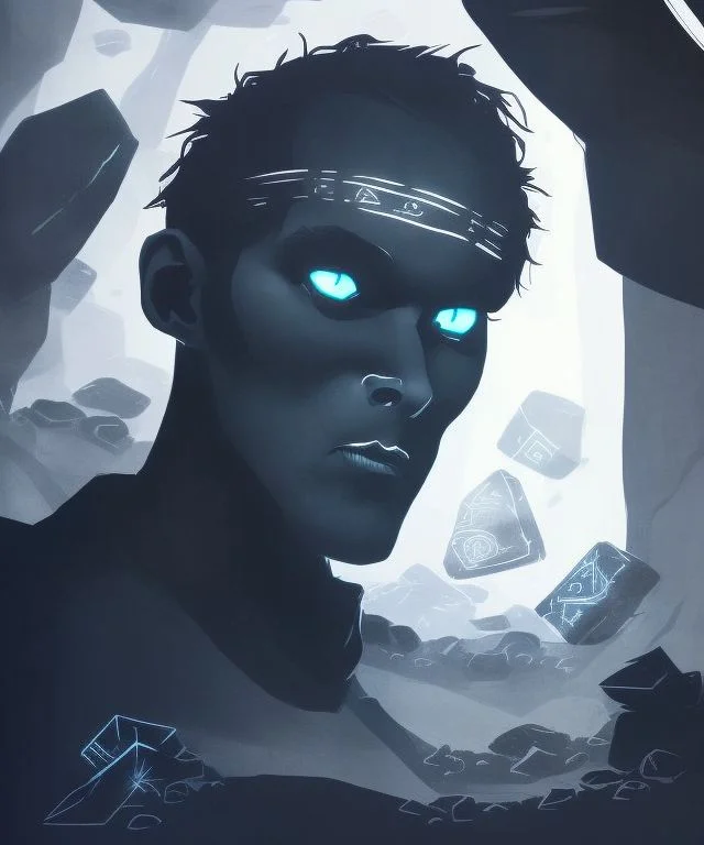 Darkflatartai A Man With Bright Eyes Between Rocks With Rune...