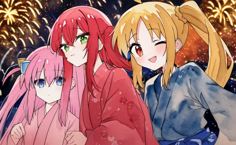 Blue Clothes 3girls, Kitaikuyo Bocchi Ijichinijika, Ink, Wat...