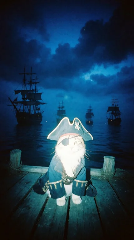 A Cat Wearing A Pirate Hat, An Eyepatch, And A Pirate Coat S...