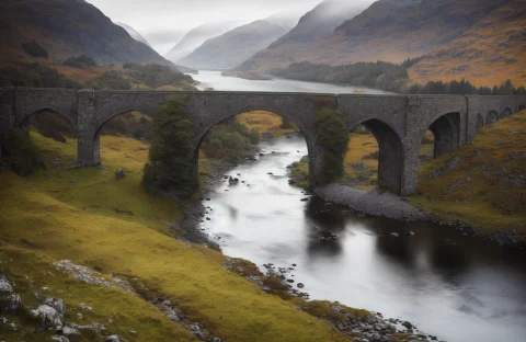 Award Winning Photo Of A Beautiful Landscape, Glenfinnan Via... — Stable Diffusion AI Prompt: award winning photo of a beautiful landscape, Glenfinnan viaduct, Style-Kilt, ip...
