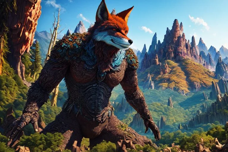 High Quality Cgi, Fantasy, Camera From Below, Fox Man Standi...