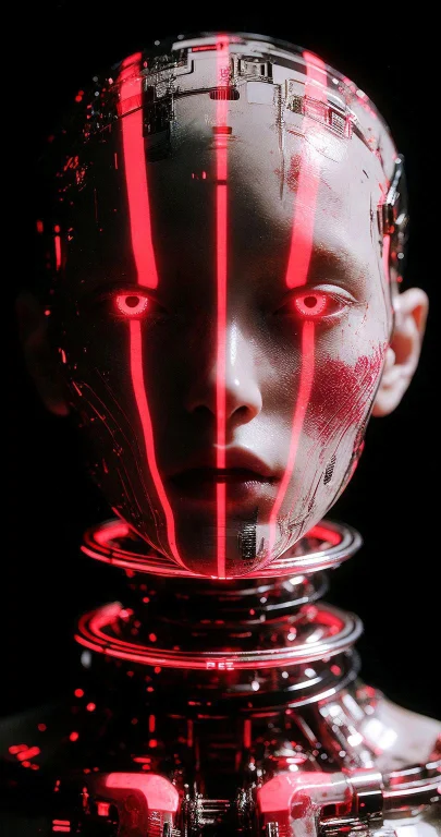 A Humanoid Head With Glowing Red Stripes And Eyes Sits Centr...