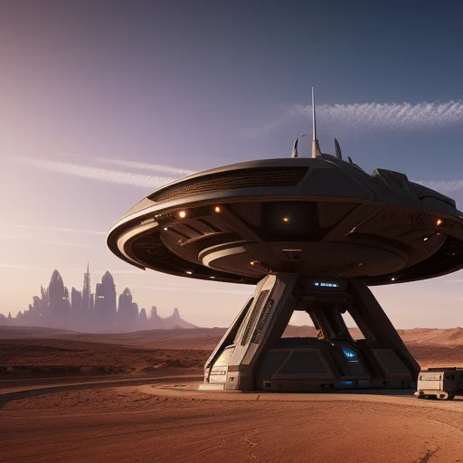 Fantasy Art, Long Cyberpunk Starship Landing In The Desert,...