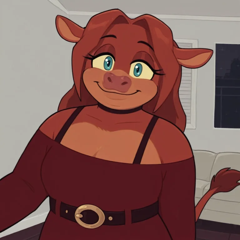 Female, Cow, Anthro, Blue Eyes, Long Hair, Orange Body, Solo...