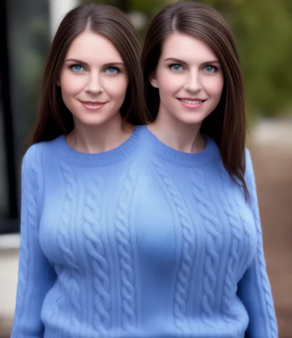 Photo Of 2heads, Woman, Close Up, Posing, White Skin, Long B... — Stable Diffusion AI Prompt: photo of 2heads, woman, close up, posing, white skin, long brown hair, blue swea...
