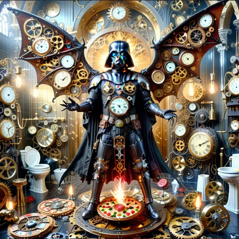 Subject Darth Vader With Intricate Clockwork Anatomy, Large... — SDXL AI Prompt: Subject: Darth Vader with intricate clockwork anatomy, large dragon wings, expos...