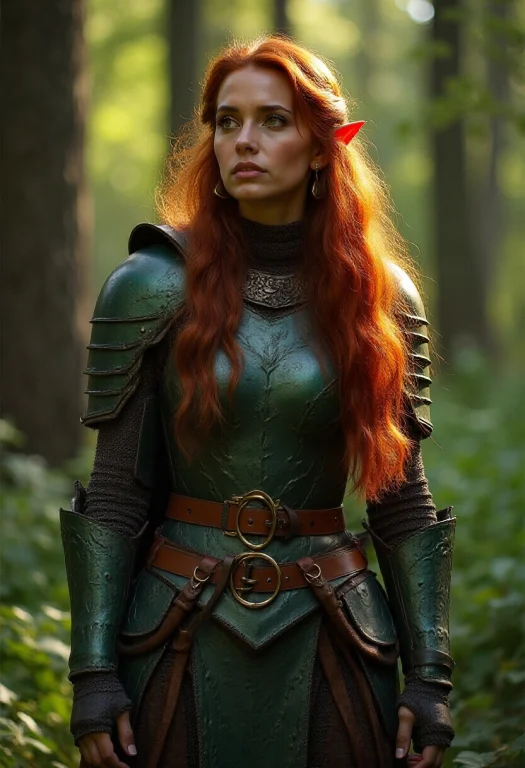 A Female Elf Warrior Stands In A Dense Forest, Wearing Armor...