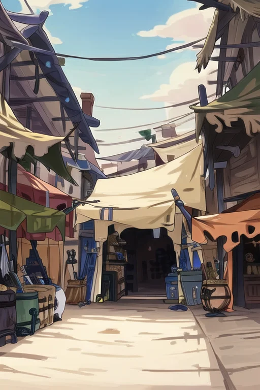 A Scene Of Shop Keepers Tent With Swords And Trinkets And Je...