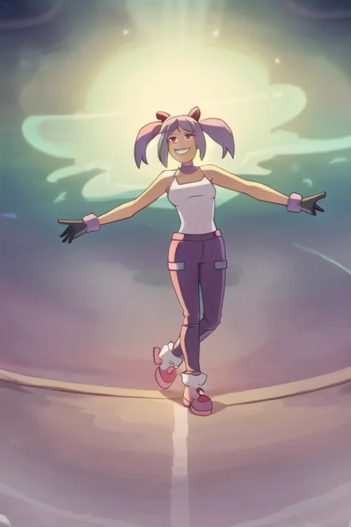 A Woman With Long Purple Hair, Pigtails, Red Eyes, Smiling,w...