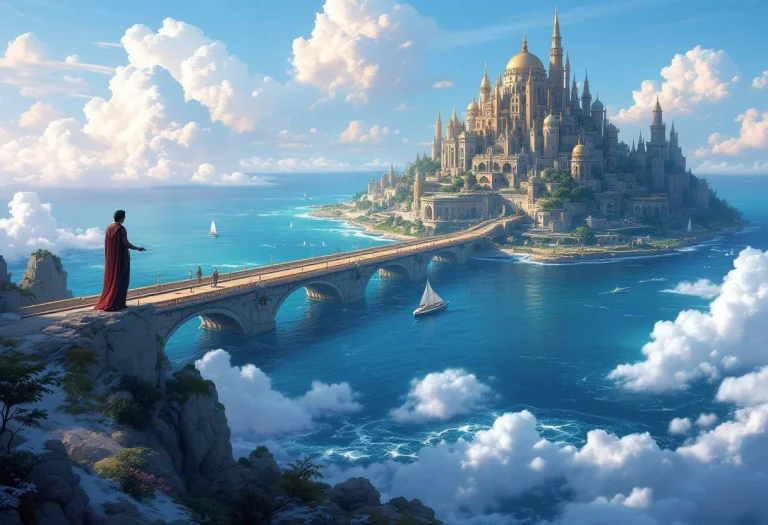 Sci Fi Megalopolis Next To An Ocean With An Causeway To An I...