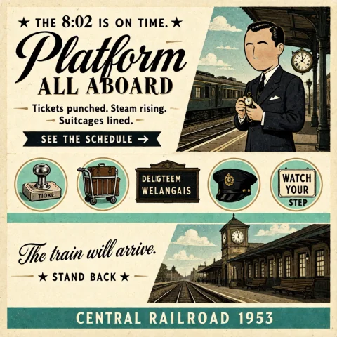 A Retro 1950s Mid-century Railroad Timetable Homepage Hero... — Stable Diffusion AI Prompt: A retro 1950s mid-century railroad timetable homepage… Hero: “★ THE 8:02 IS ON T...