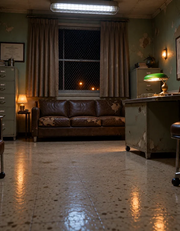 4sylum W4rd, Photorealistic, Empty 1960s-1970s Psychiatrist...