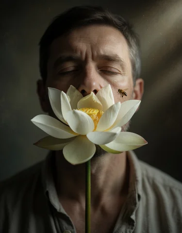 Cinematic Film Still 19. Floral Silence Portrait, Close-up O... — Stable Diffusion AI Prompt: cinematic film still 19. floral silence portrait, close-up of a 39-year-old man...