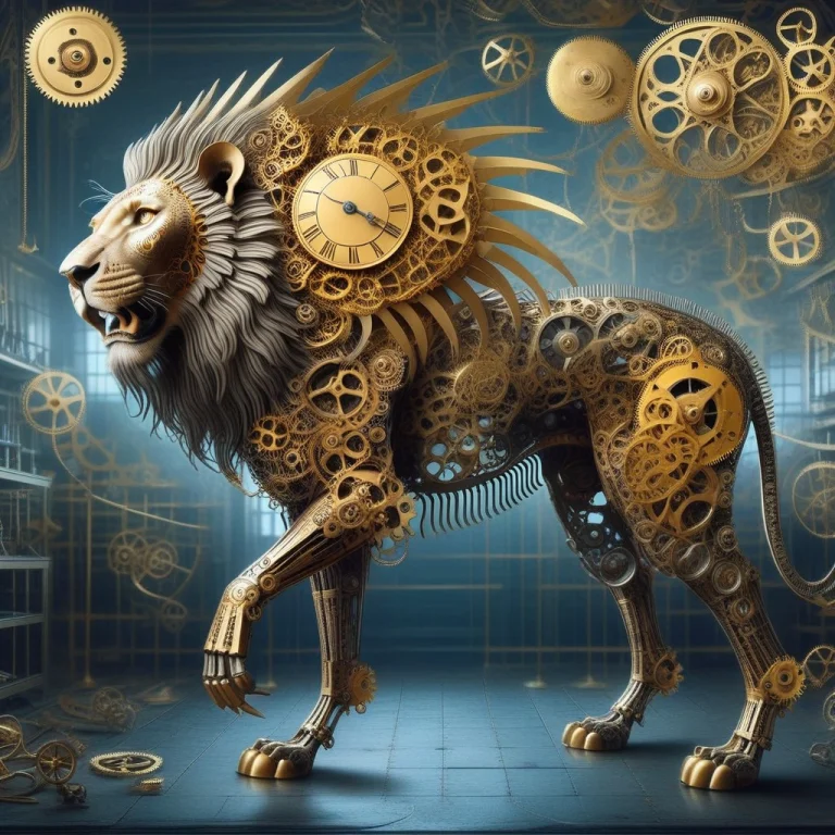 A Roaring Lion With Clockwork Anatomy, Its Mane Formed From...