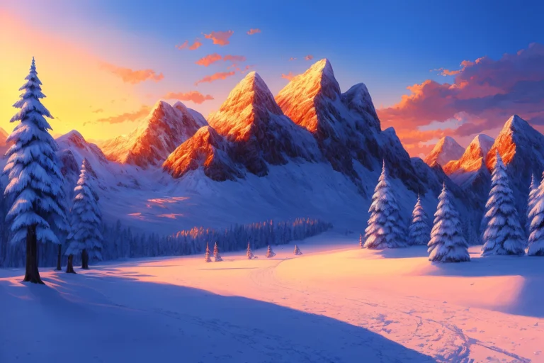 Digital Painting, Landscape, Mountains, Sunrise, Snow, Trees...