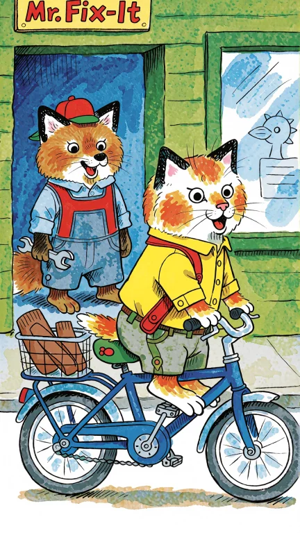 A Cat Wearing A Yellow Shirt And Red Backpack Riding A Blue...
