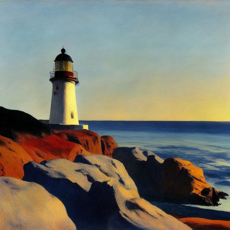 A Painting Of A Lighthouse At Dawn With A Rocky Cliff In The...
