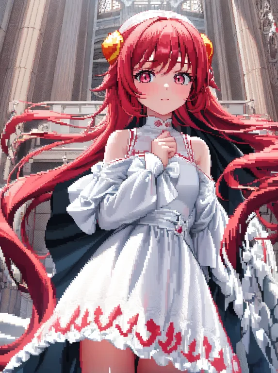 1girl, Red Hair, Long Hair, Pink Eyes, Head Horn, White Dres...