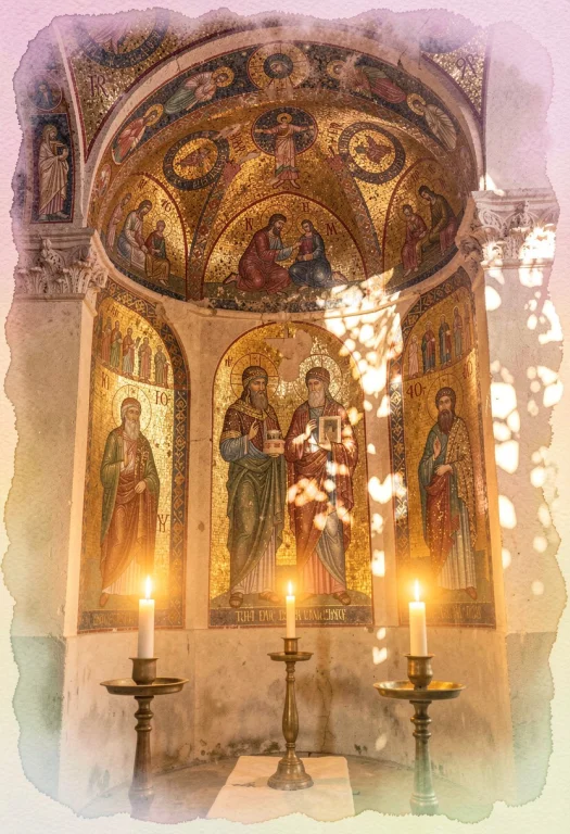 A Byzantine Mosaic Glowing In Candlelight, Watercolor Painti...