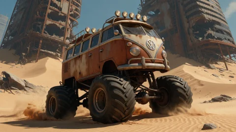 A Highly Stylized Digital Illustration Of A Monster Truck Ma... — Stable Diffusion AI Prompt: A highly stylized digital illustration of a monster truck made from a 1960s era...