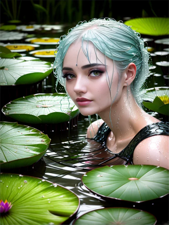 Beautiful Pixie Woman Emerging From A Pond, Detailed Eyes, W...