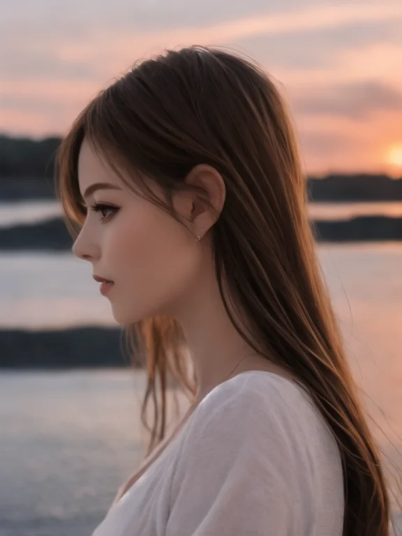 A Girl With Brown Hair And Brown Eyes Looking At Sunset On A...
