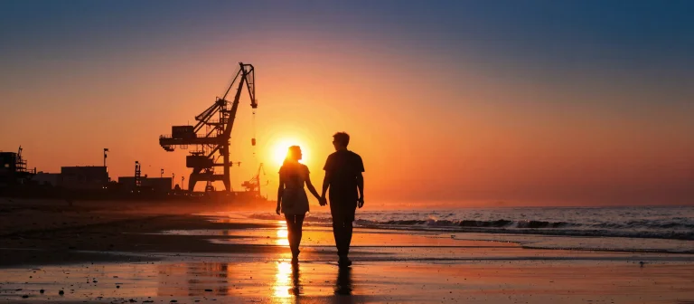A Silhouette Of A Couple Walking Hand-in-hand On A Wet Beach...