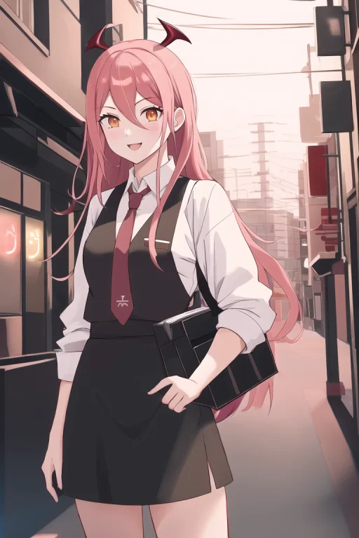 1girl, Long Pink Hair, Red Horns, White Collared Shirt, Blac...