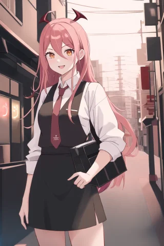 1girl, Long Pink Hair, Red Horns, White Collared Shirt, Blac... — Stable Diffusion AI Prompt: 1girl, long pink hair, red horns, white collared shirt, black necktie, light smi...