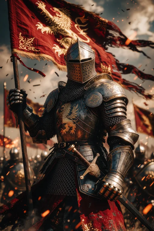A Medieval Knight In Full Armor, Standing Prominently In The...