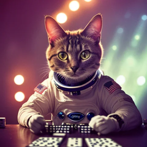 A Space Cat Playing Dominoes, Wearing A Space Suit, Studio L... — Stable Diffusion AI Prompt: a space cat playing dominoes, wearing a space suit, studio lights by vogue, (ult...