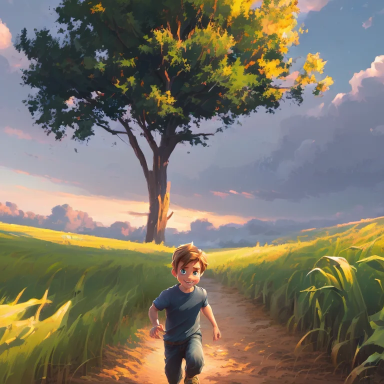 A Happy Little Boy Running Away From Viewer In A Field Of Co...