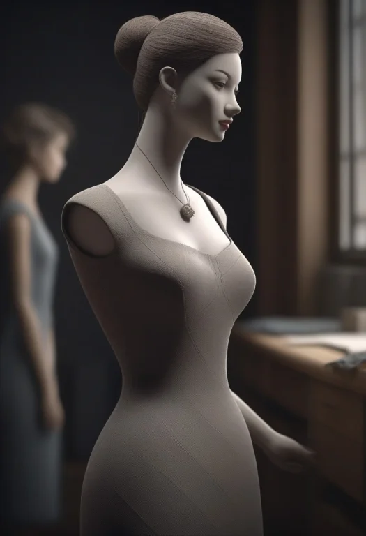 A Tailor Pinning Fabric On A Dress Form, Clay Render, Physic...