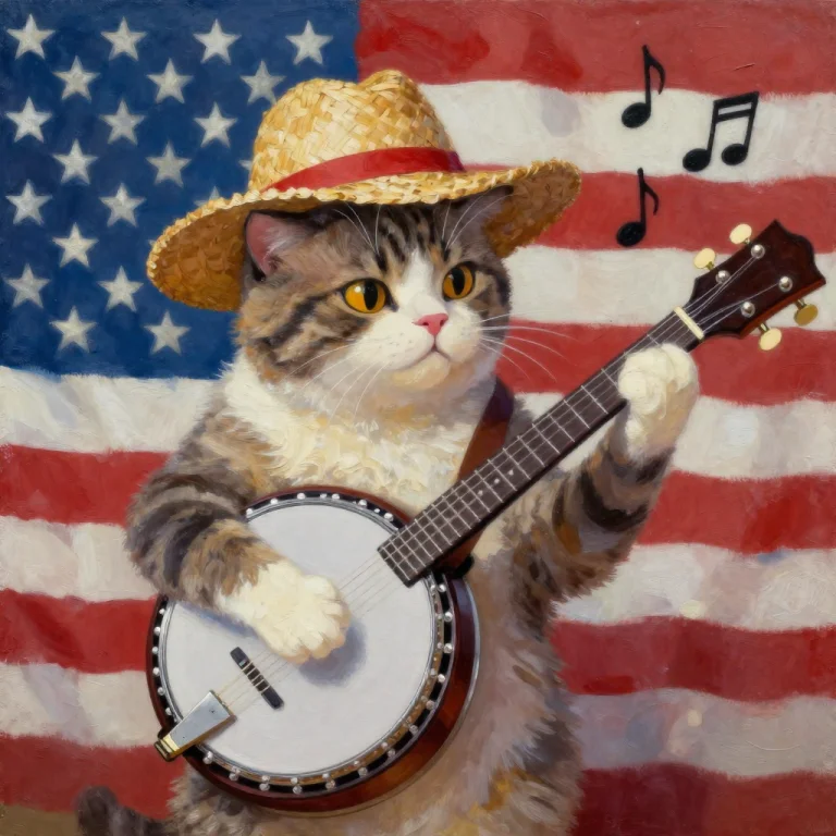 A Cat Playing A Banjo With A Straw Hat, Oil Paint Art Style,...