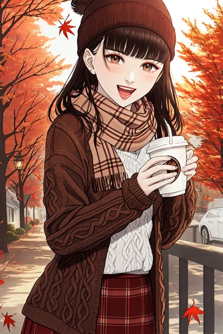 1girl, D1.0 Autumn Leaves, Bangs, Black Headwear, Blurry Bac...