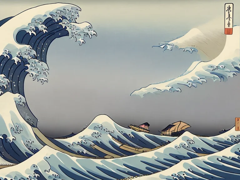 A Painting Of A Wave With A Boat In The Middle Of It And A S...