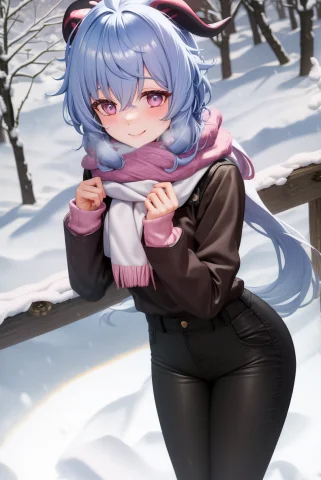 Snow, Scarf, Pink Sweater, Smile, Look Into The Camera, Cold... — Stable Diffusion AI Prompt: Snow, scarf, pink sweater, smile, look into the camera, cold weather, character...