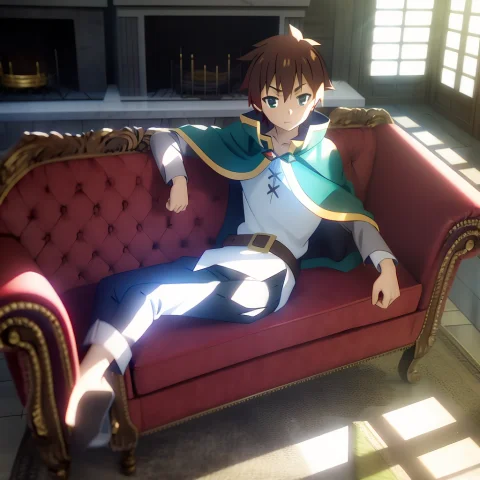 Kazuma, Shirt, Cloak, Laying On Couch Mansion Sunlight Maste... — Stable Diffusion AI Prompt: Kazuma, shirt, cloak, laying on couch; mansion; sunlight; masterpiece; solo