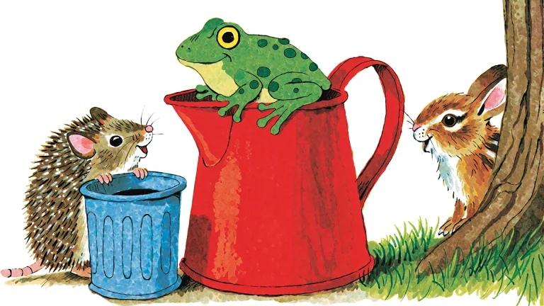 A Red Watering Can With A Green Frog Peeking Out, A Blue Tra...