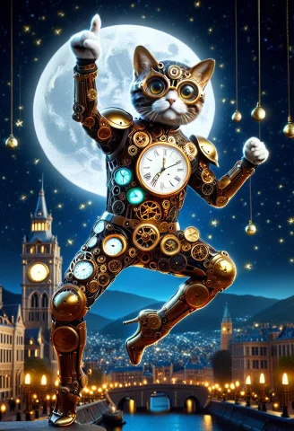 Closeup Golden Vintage Clock Hero Cat, Dynamic Martial Arts... — SDXL AI Prompt: closeup Golden Vintage Clock hero cat, (dynamic martial arts fighting pose, jump...