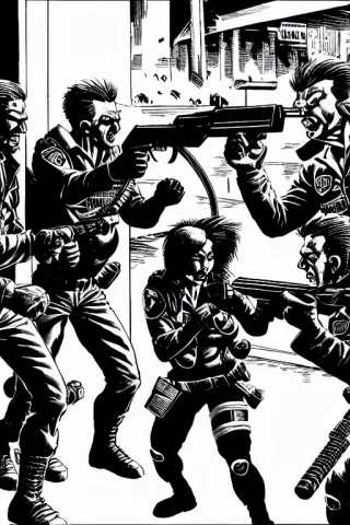 Theoldshadowrunstyles1.0 Police, With A Gun Fighting A Gang — Stable Diffusion AI Prompt: (TheOldShadowrunStyles:1.0) police, with a gun fighting a gang