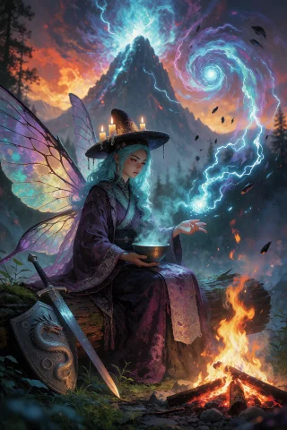 A Woman With Luminous Cyan Hair Cascading In Soft Waves, Her... — Stable Diffusion AI Prompt: A woman with luminous cyan hair cascading in soft waves, her eyes glowing a calm...